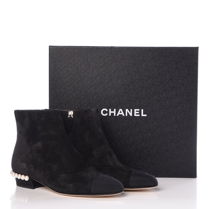 Chanel Suede Calfskin Pearl Cap Toe Short Boots 38 Black 8 of 8