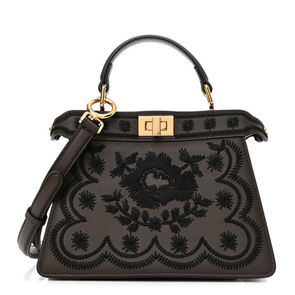 Fendi Vitello Seta Shiny Nappa Floral Embroidered Petite Peekaboo I SEE U Satchel Carbone Black 1 of 10