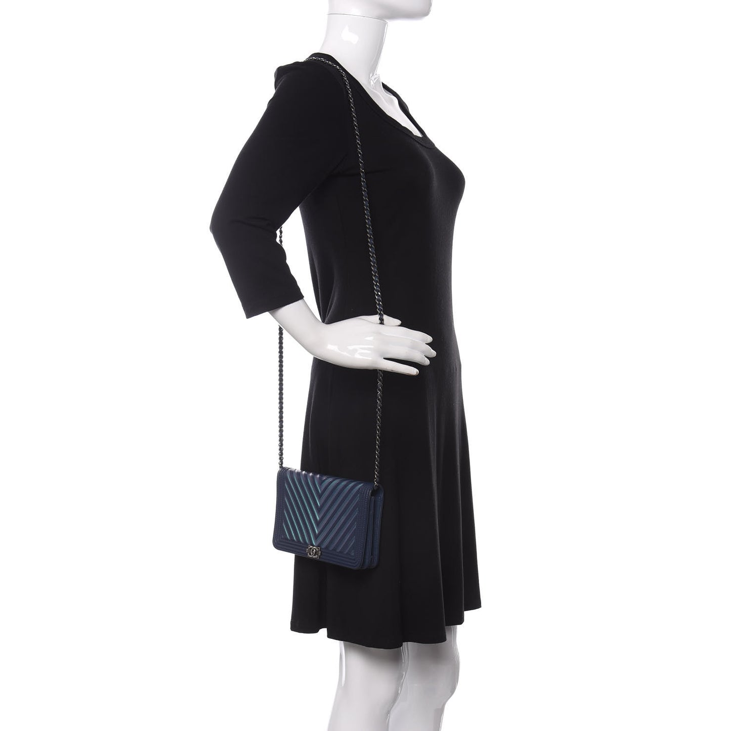 Calfskin Painted Chevron Embossed Boy Wallet On Chain WOC Navy