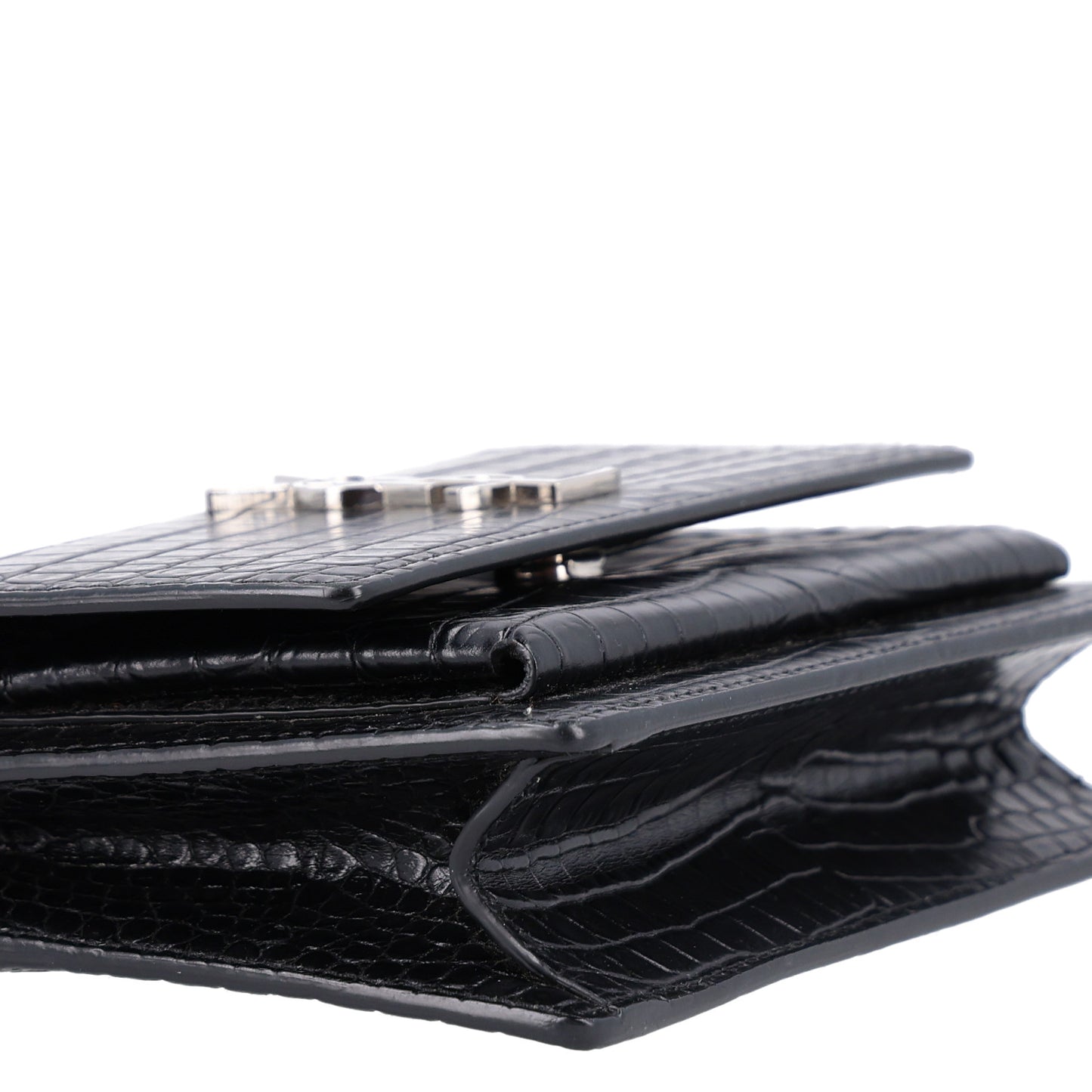 Calfskin Crocodile Embossed Monogram Sunset Chain Wallet Black