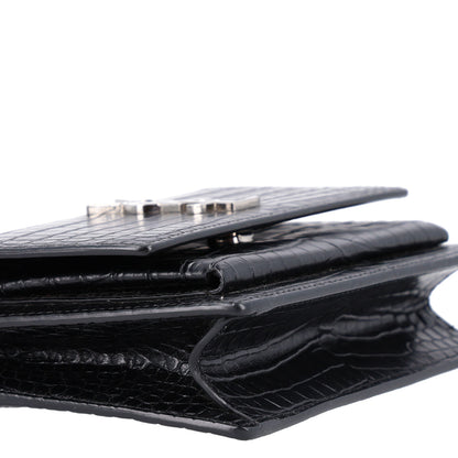Saint Laurent Calfskin Crocodile Embossed Monogram Sunset Chain Wallet Black 10 of 11
