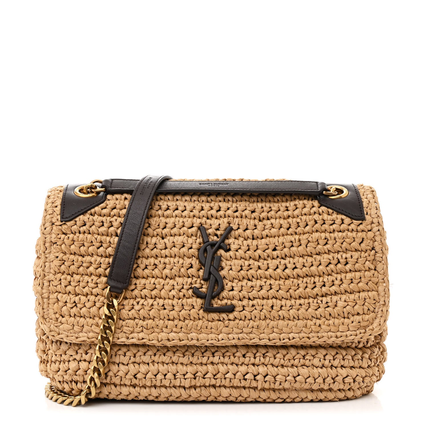 Saint Laurent Raffia Calfskin Monogram Medium Niki Chain Satchel Natural 1 of 11