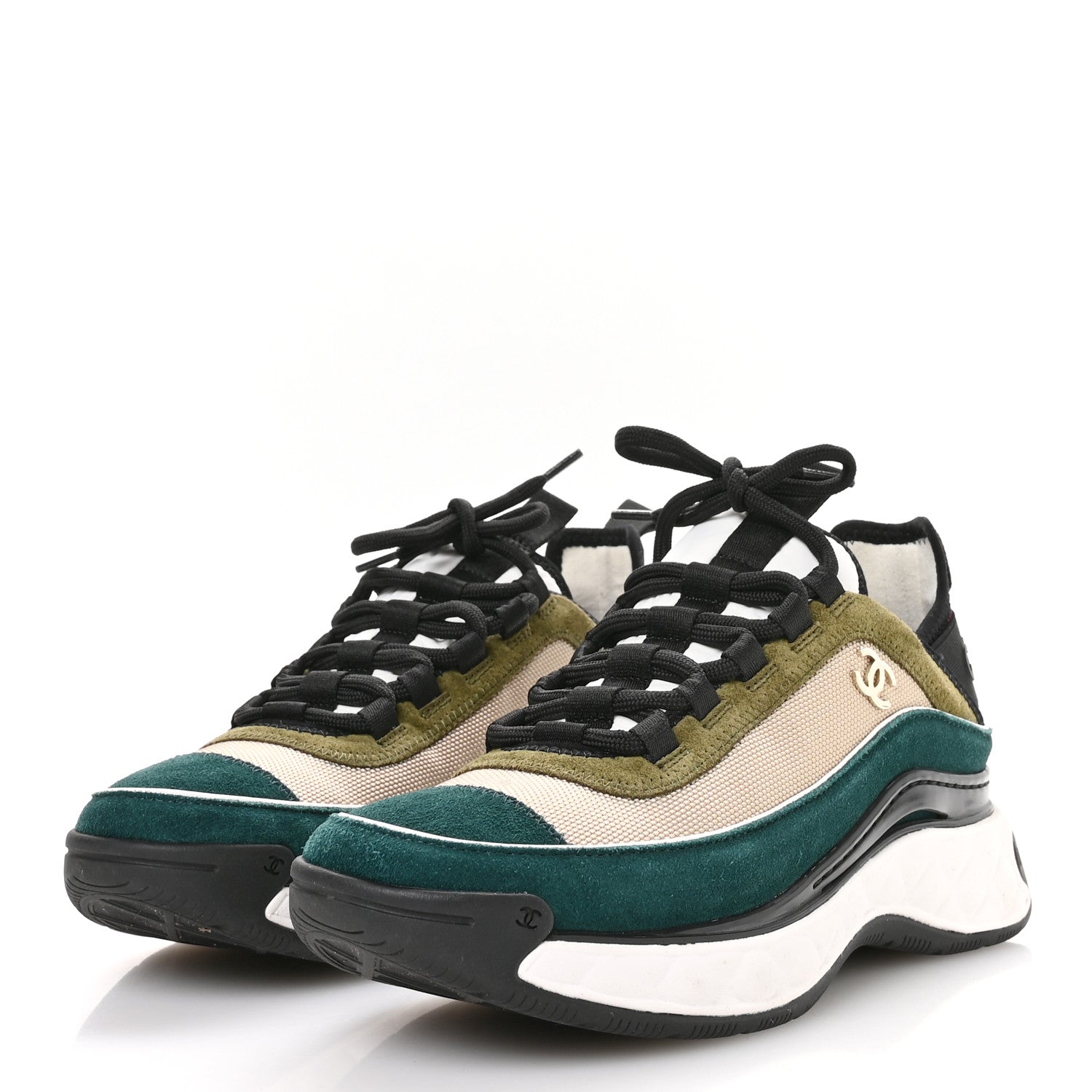 Chanel Fabric Suede CC Sneakers 36.5 Beige Dark Green Green 4 of 8
