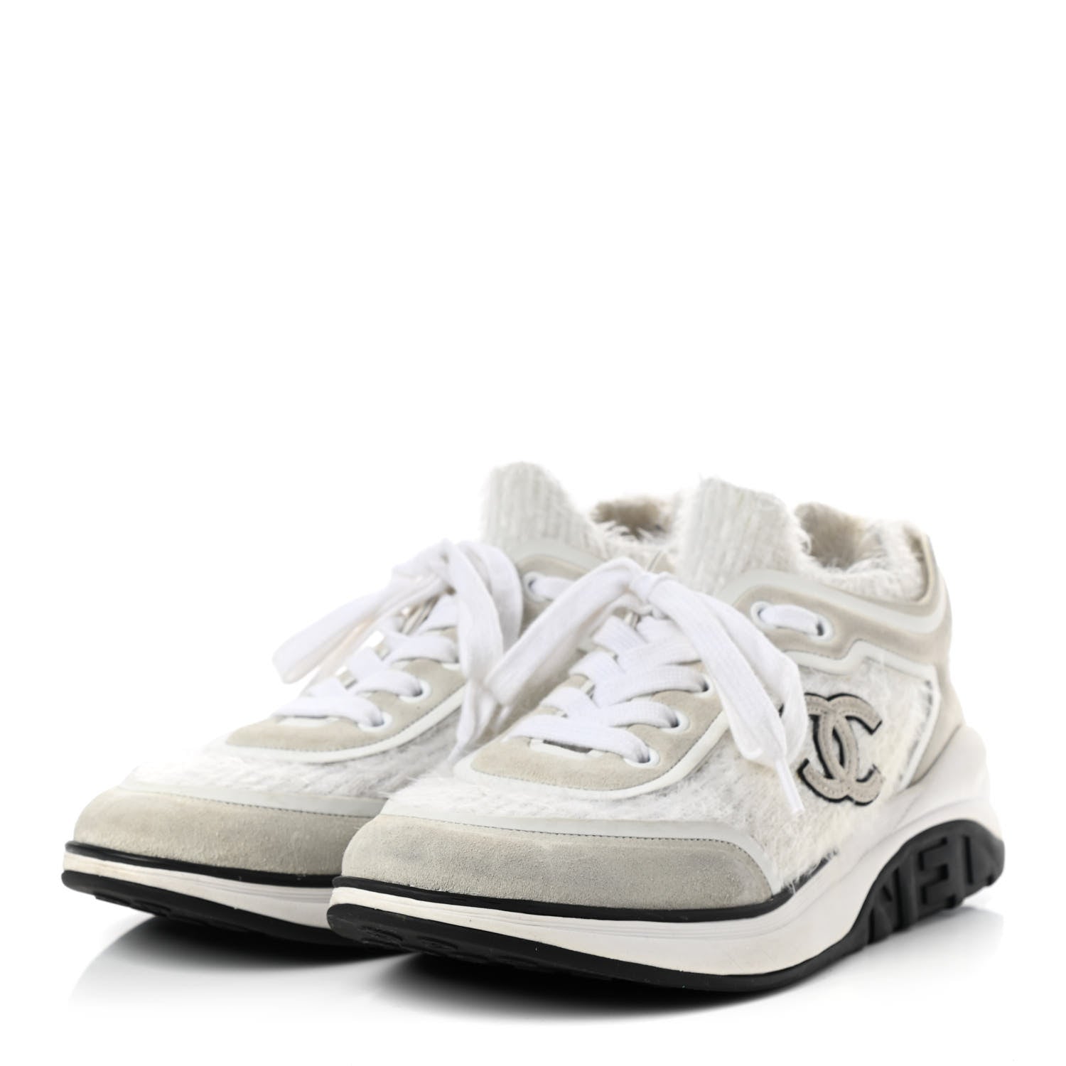 Chanel Suede Calfskin Stretch Fabric CC Sneakers 36.5 White 3 of 7