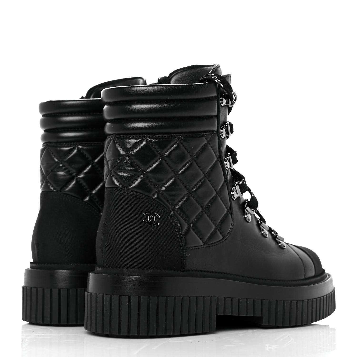 Chanel Calfskin Grosgrain Quilted Lace Up Boots 38 Black Grey 4 of 7