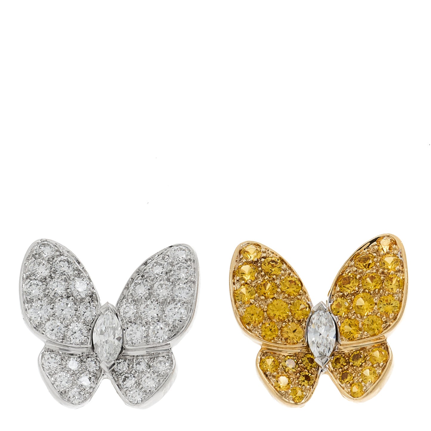 18K Yellow White Gold Diamond Yellow Sapphire Two Butterfly Clip On Earrings