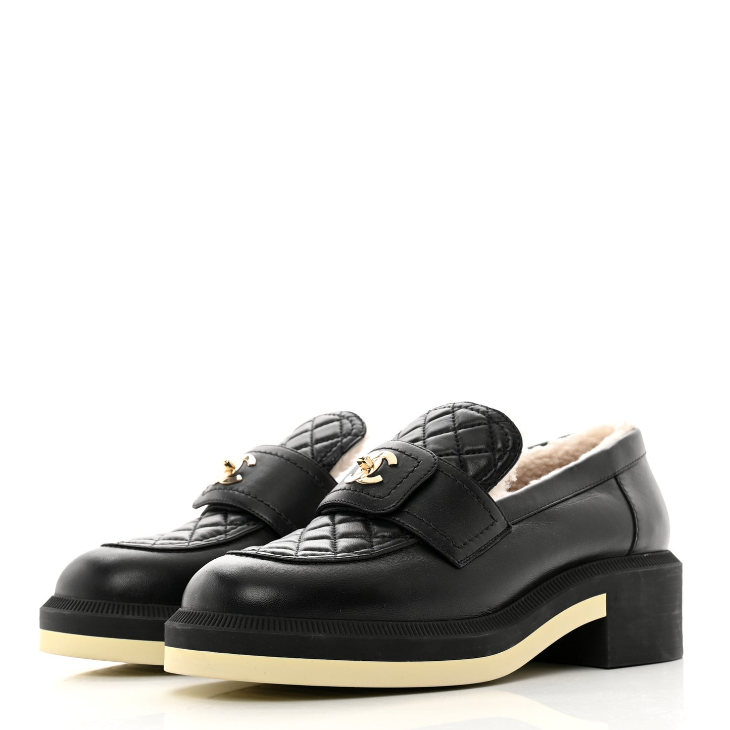 Lambskin Shearling Quilted CC Turnlock Loafers 38.5 Black