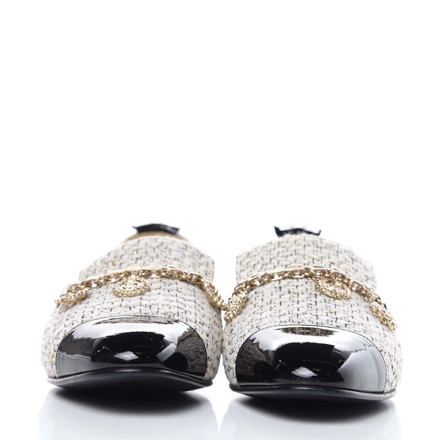 Chanel Tweed Patent Cap Toe Loafers 40 Ecru Black Gold 2 of 12