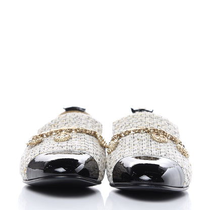 Chanel Tweed Patent Cap Toe Loafers 40 Ecru Black Gold 2 of 12