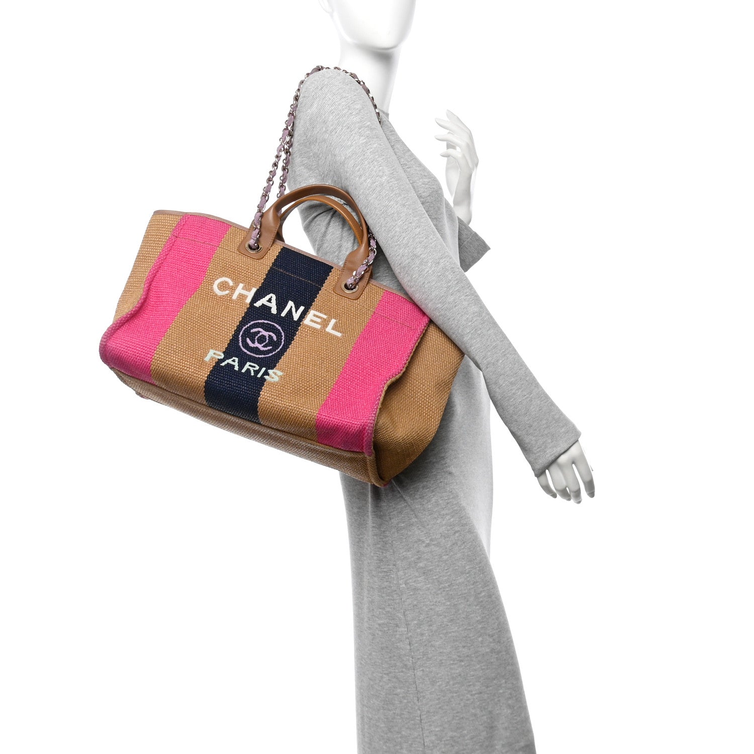 Chanel Straw Raffia Calfskin Striped Medium Deauville Tote Dark Beige Fuchsia Navy Blue 2 of 11