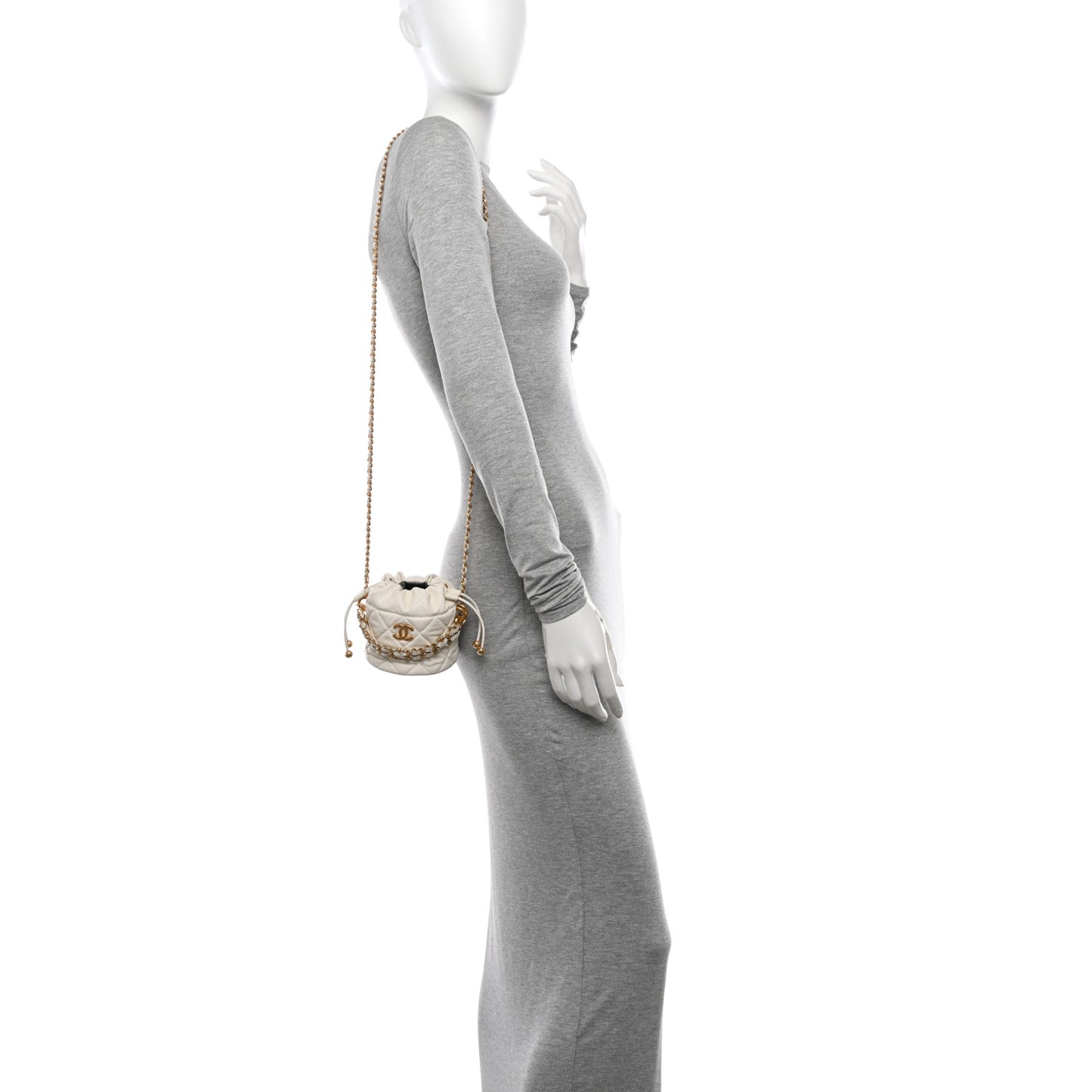 Caviar Quilted Coco First Bucket Clutch With Chain White