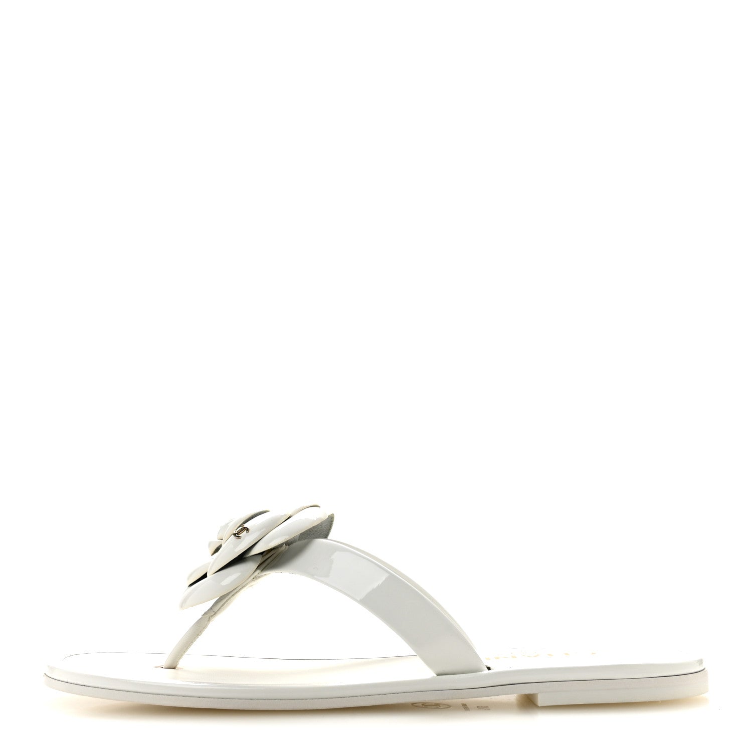 Chanel Patent Calfskin Camellia Thong Sandals 37.5 White 1 of 10