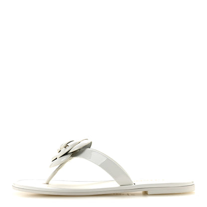 Chanel Patent Calfskin Camellia Thong Sandals 37.5 White 1 of 10
