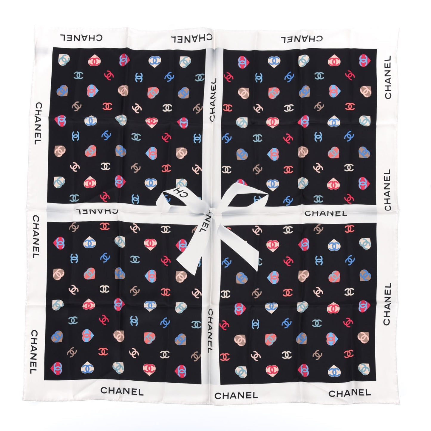 Silk Twill Heart CC Square Scarf Ecru Black