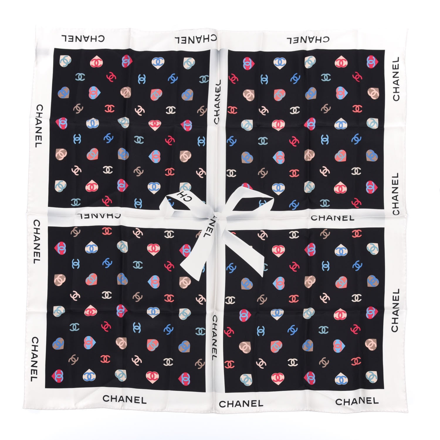 Chanel Silk Twill Heart CC Square Scarf Ecru Black 1 of 4