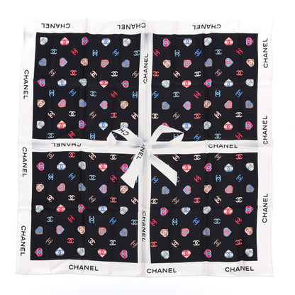 Chanel Silk Twill Heart CC Square Scarf Ecru Black 1 of 4