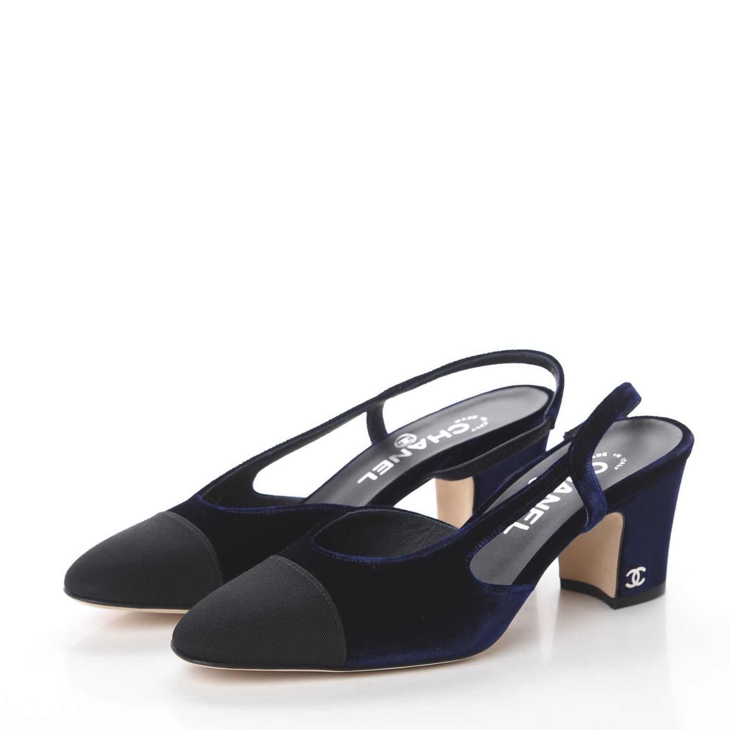 Velvet Grosgrain Cap Toe CC Slingback Pumps 36.5 Blue Black