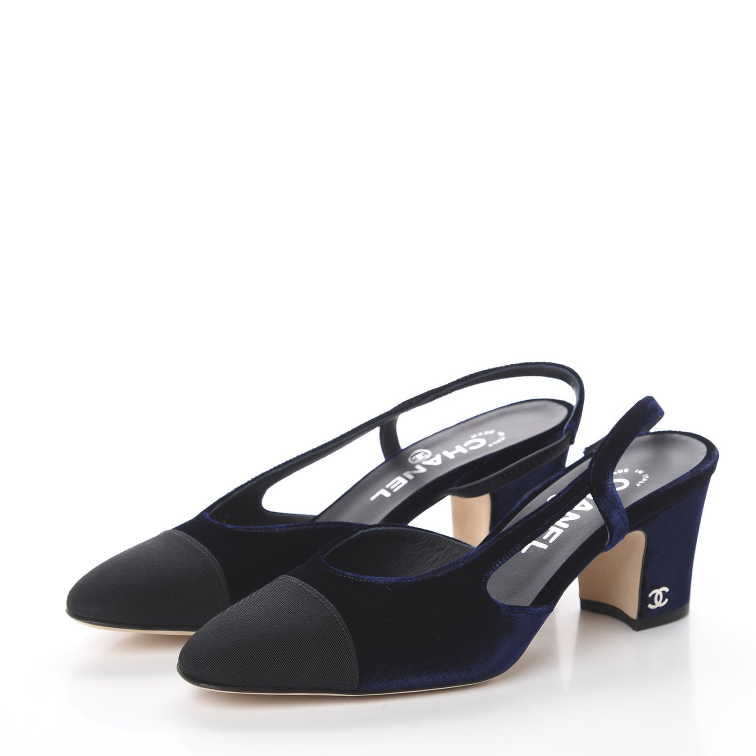 Chanel Velvet Grosgrain Cap Toe CC Slingback Pumps 36.5 Blue Black 2 of 7