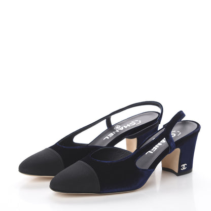 Chanel Velvet Grosgrain Cap Toe CC Slingback Pumps 36.5 Blue Black 2 of 7