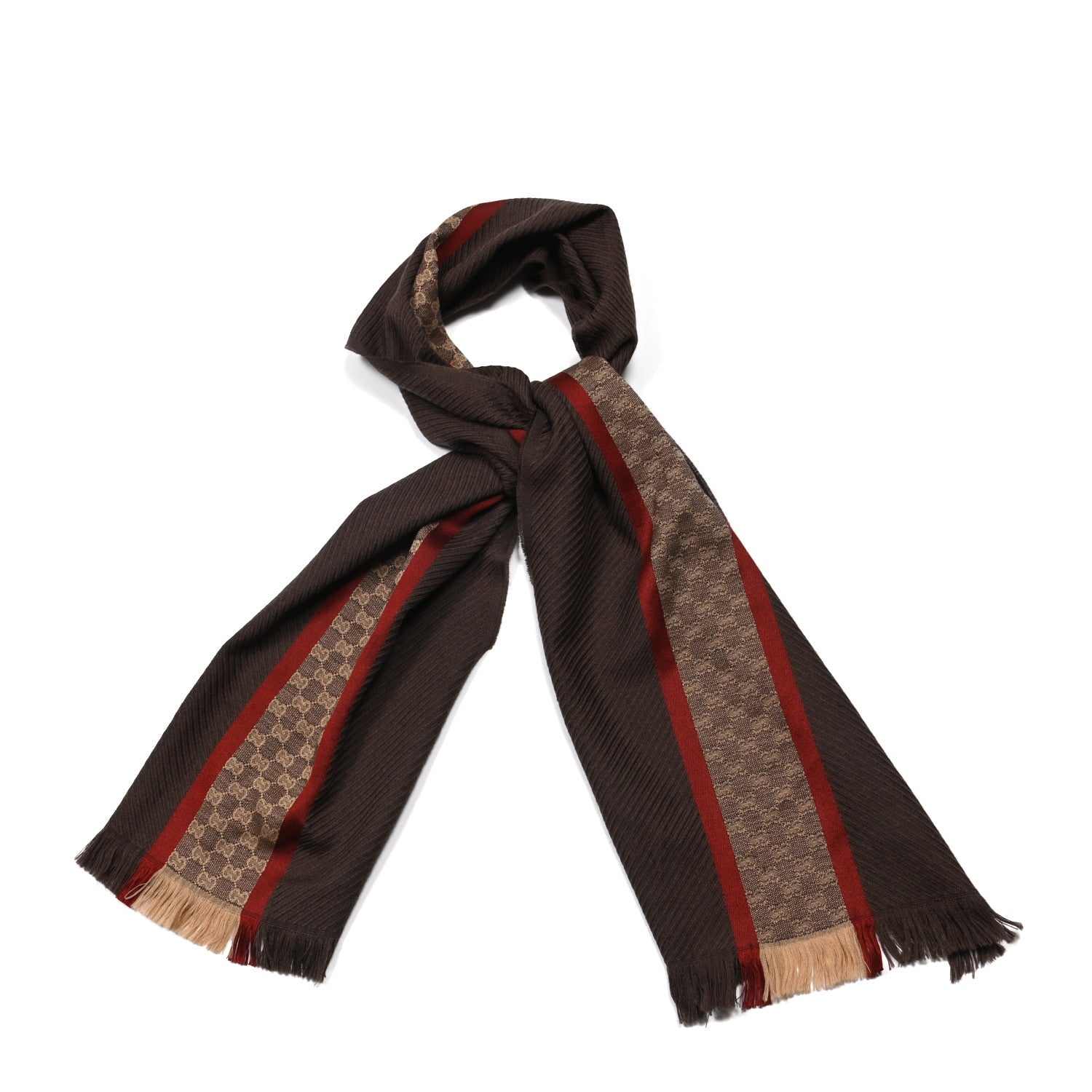 Gucci Wool Silk Knit Monogram Scarf Brown 1 of 4