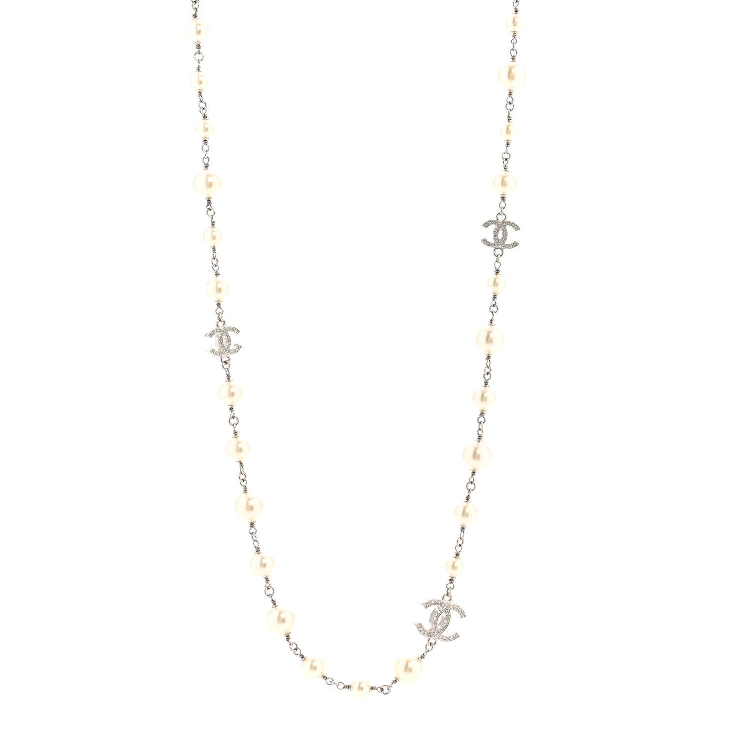 Chanel Crystal Pearl CC Long Necklace Silver 1 of 5