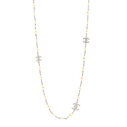 Chanel Crystal Pearl CC Long Necklace Silver 1 of 5