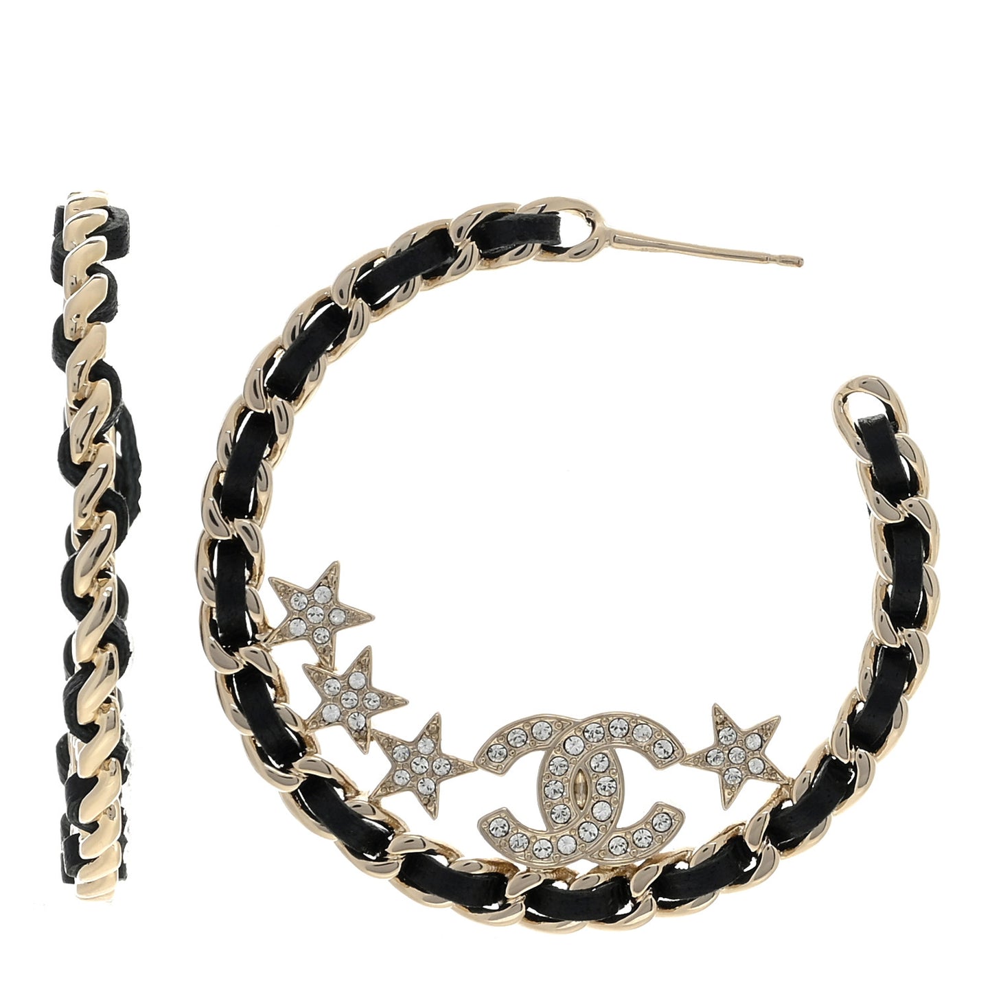 Lambskin Chain Crystal CC Star Chain Hoop Earrings Gold Black