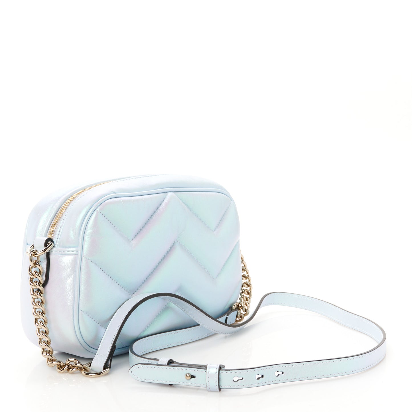 Iridescent Nappa Chevron Matelasse Small GG Marmont Chain Shoulder Bag Iridescent Snow Light Blue