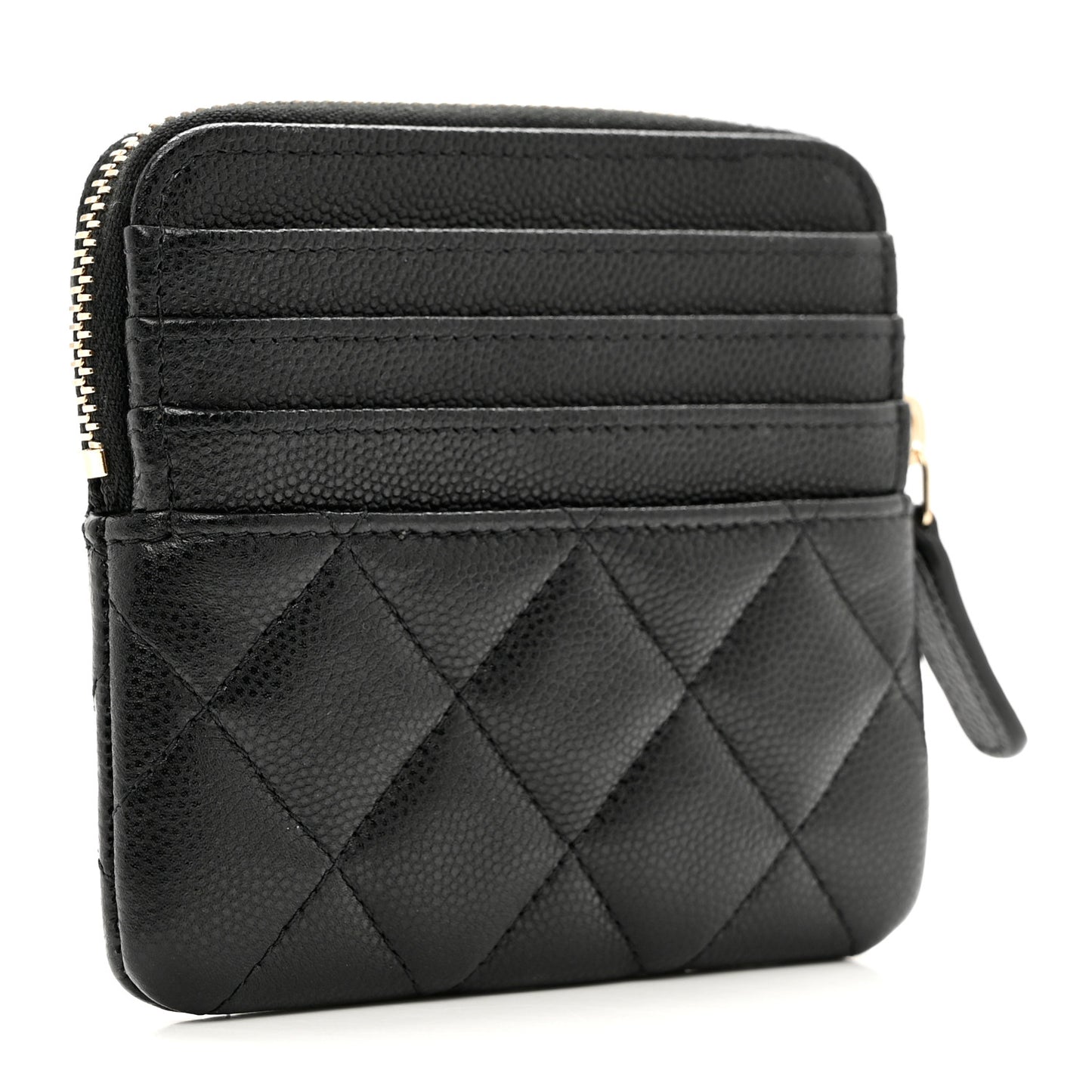 Caviar Quilted Crystal Zip Card Holder Wallet Black
