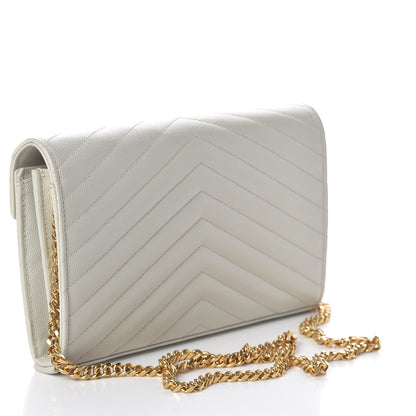 Saint Laurent Grain De Poudre Matelasse Chevron Monogram Chain Wallet Crema Soft 3 of 10