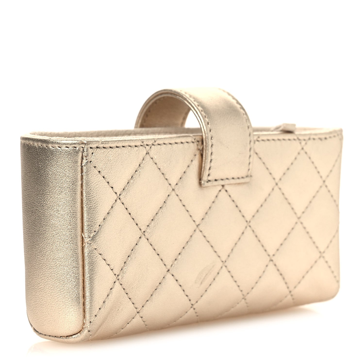 Chanel Metallic Lambskin Quilted Mini Phone Holder Clutch Light Gold 3 of 9
