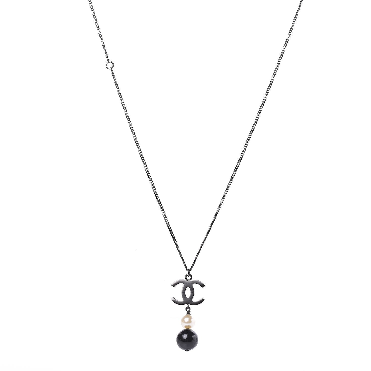 Chanel Ruthenium Pearl CC Drop Pendant Necklace Black 1 of 4