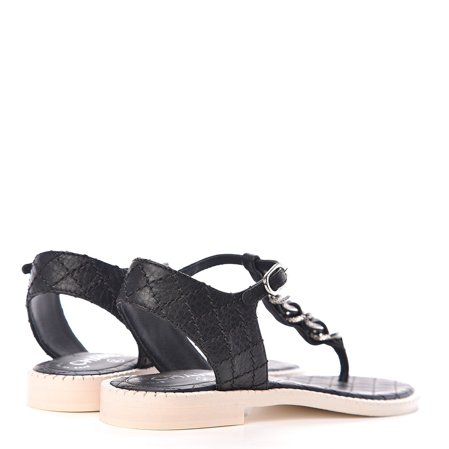 Chanel Souple Calfskin Chain CC Thong Sandals 37 Black White 4 of 11