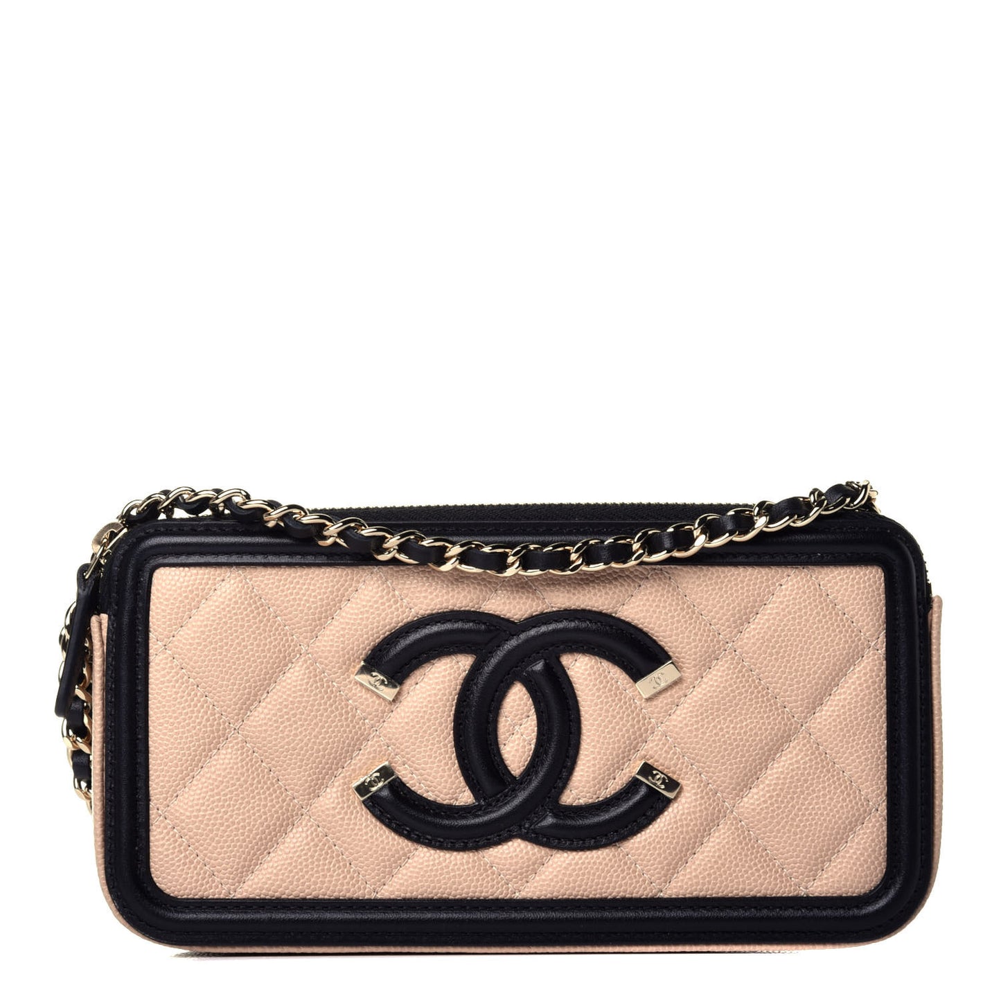 Caviar Quilted CC Filigree Clutch With Chain Beige Black