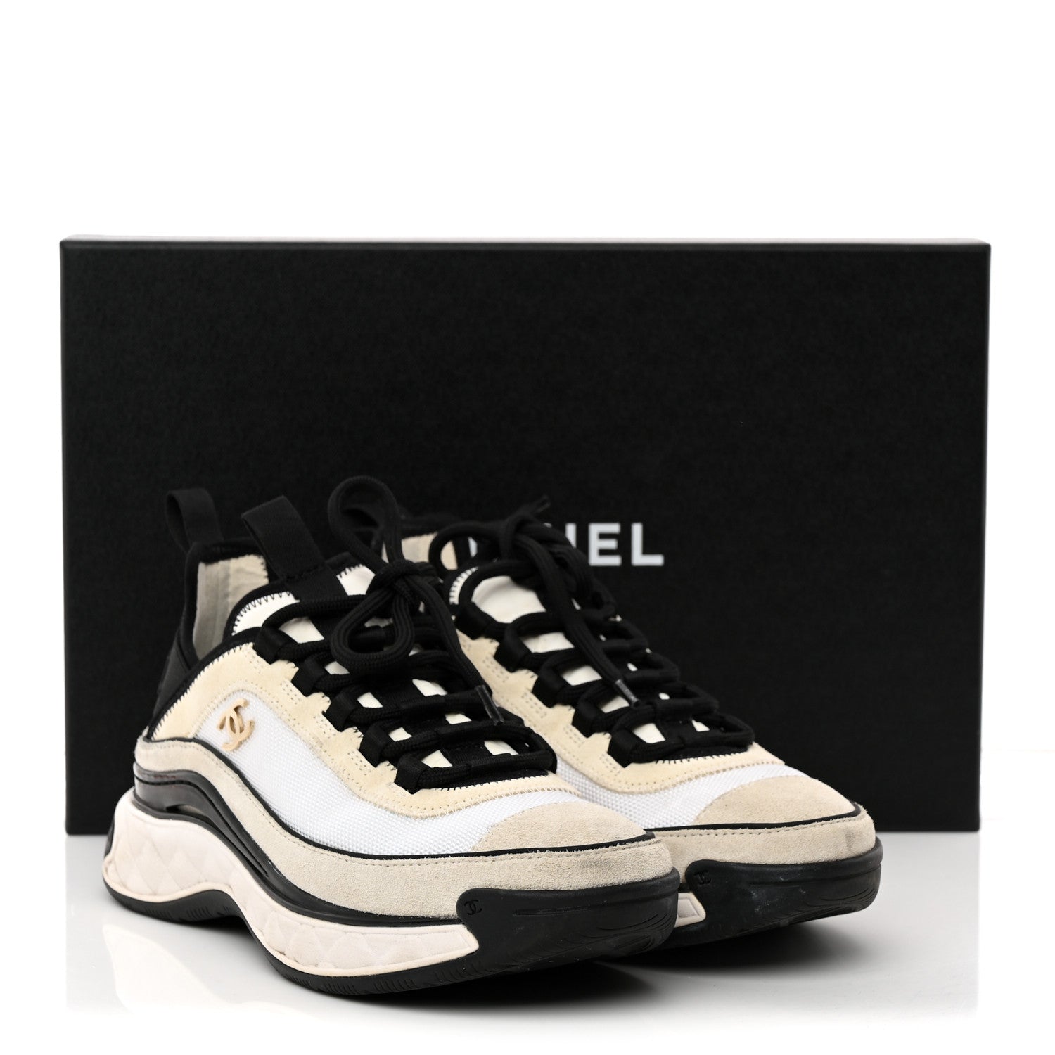 Chanel Velvet Calfskin Mixed Fibers CC Sneakers 36 Ivory Black
