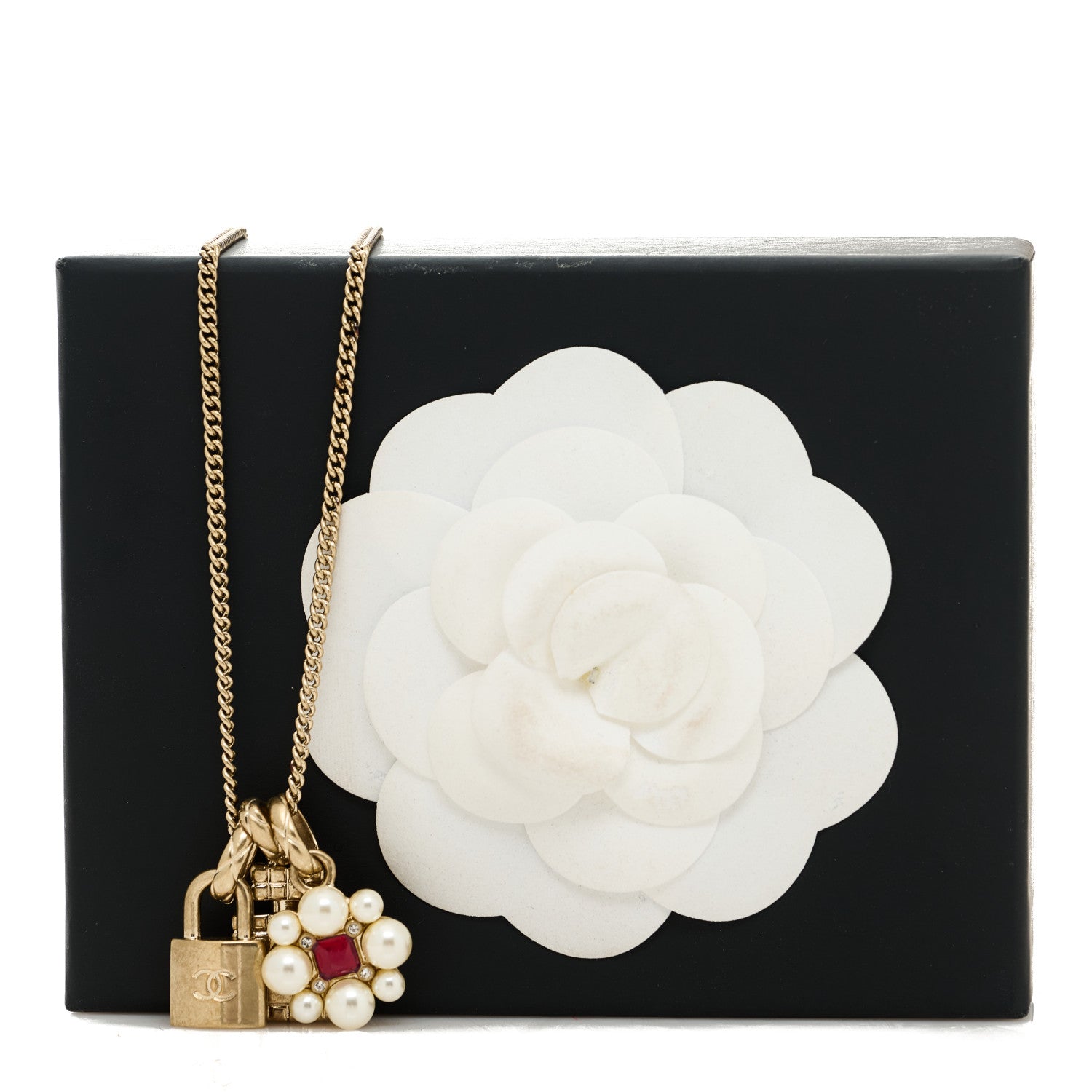 Chanel Crystal Pearl Lock Perfume Bottle CC Pendant Necklace Gold Red White 5 of 5