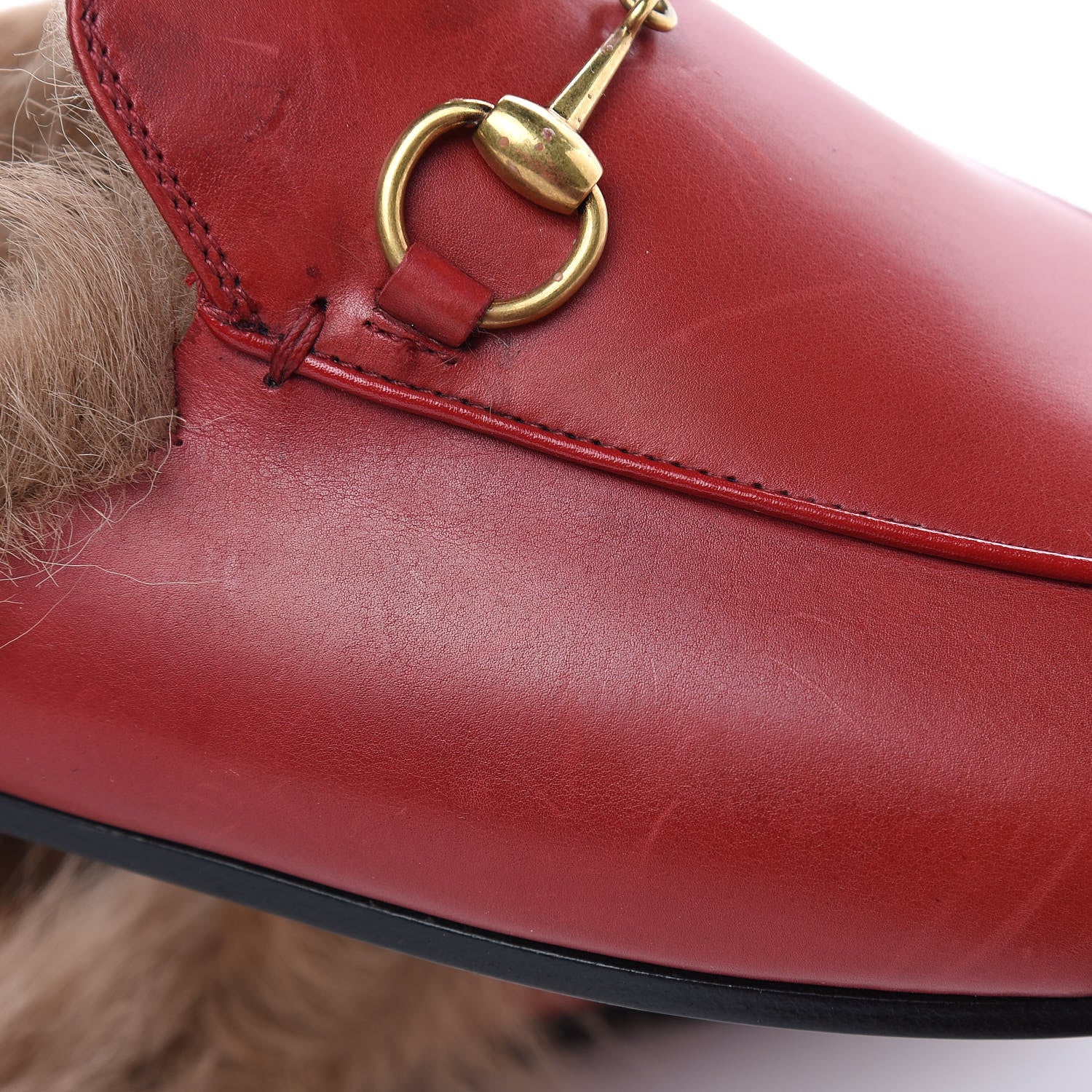 Gucci Betis Glamour Calfskin Fur Womens Princetown Slippers 38 Hibiscus Red Naturale 9 of 12