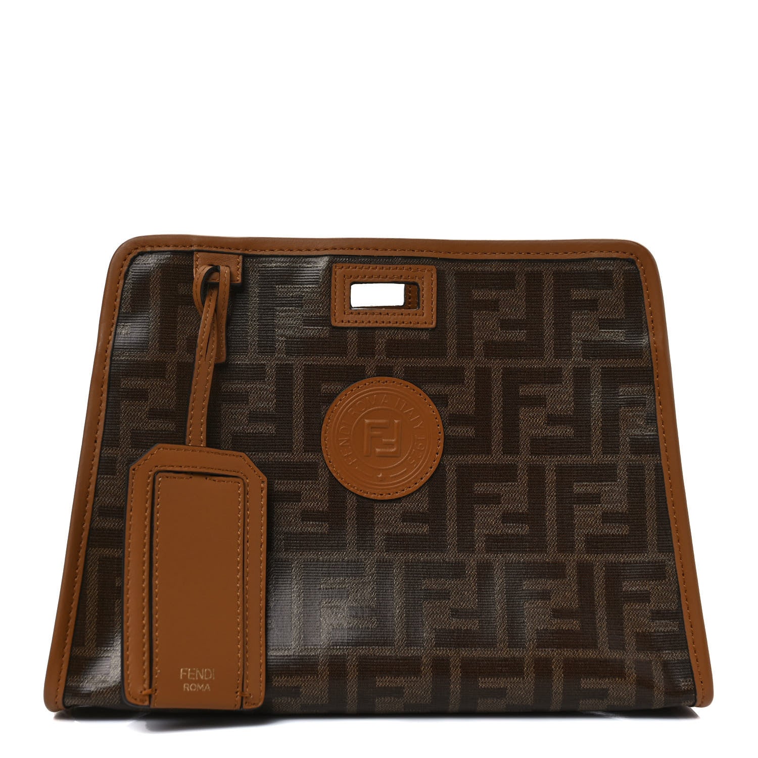 Fendi Glazed Fabric Vitello Century FF 1974 Stamp Patch Mini Peekaboo Defender Cover Mogano Panna Caramello 1 of 9