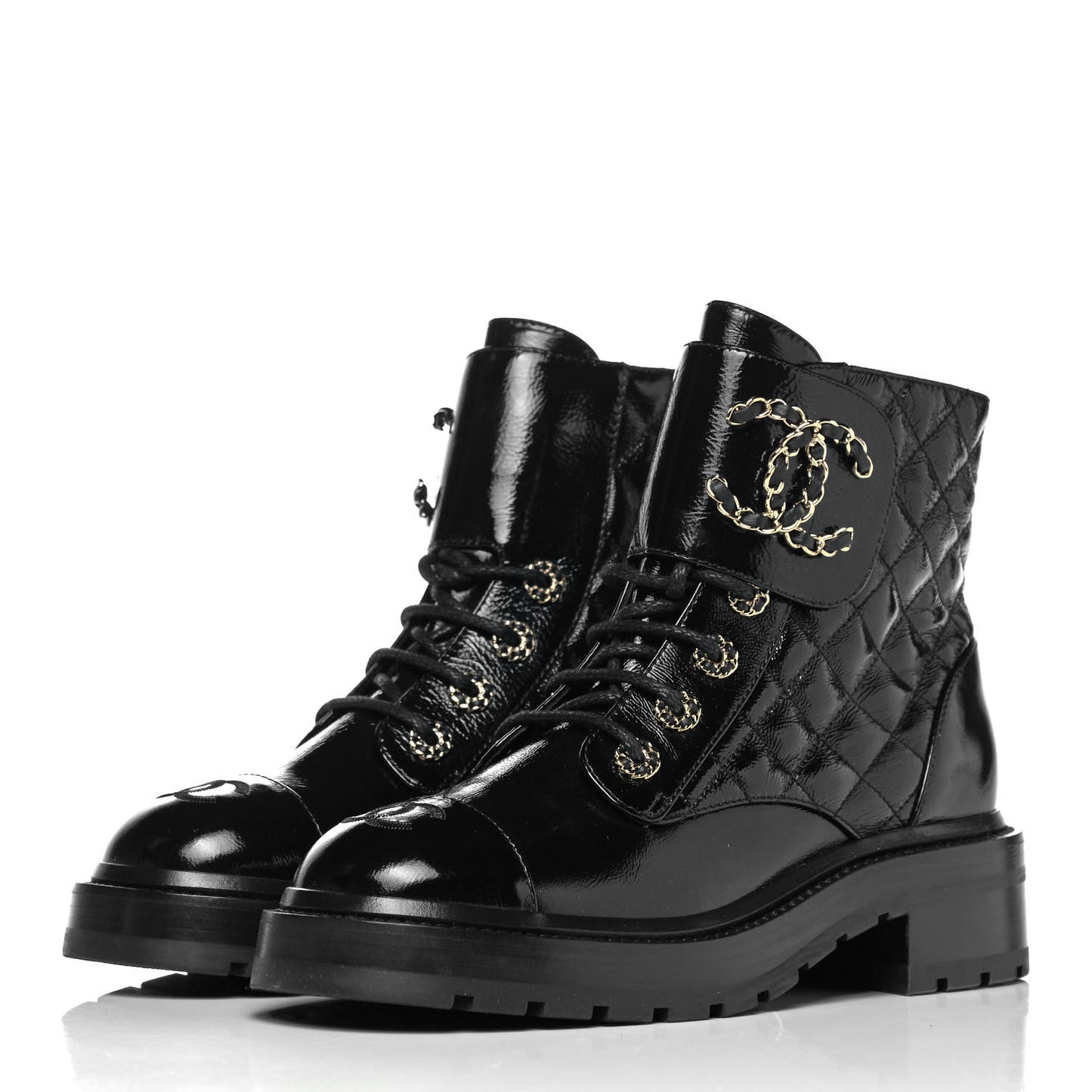 Shiny Calfskin Quilted Lace Up Combat Boots 36.5 Black