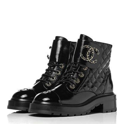 Chanel Shiny Calfskin Quilted Lace Up Combat Boots 36.5 Black 2 of 6