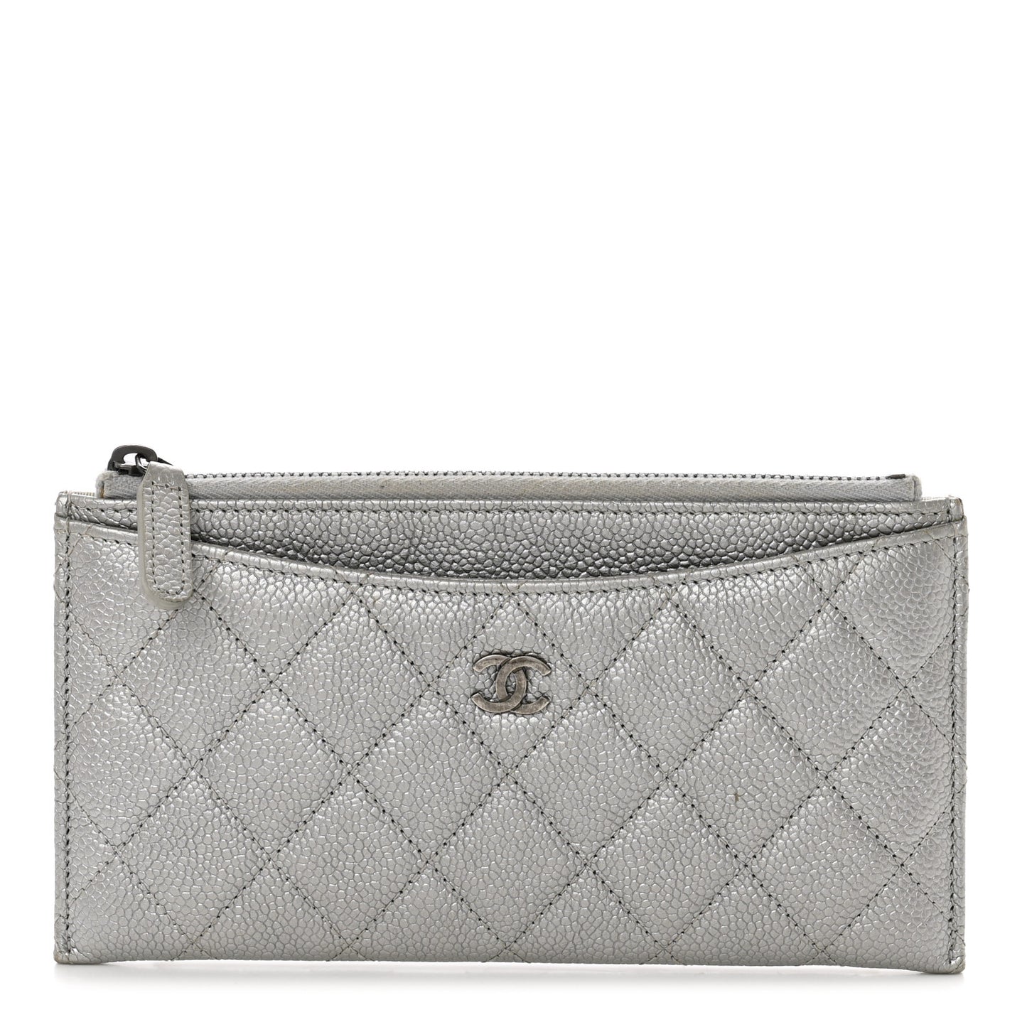 Metallic Caviar Quilted Classic Zip Pouch Silver