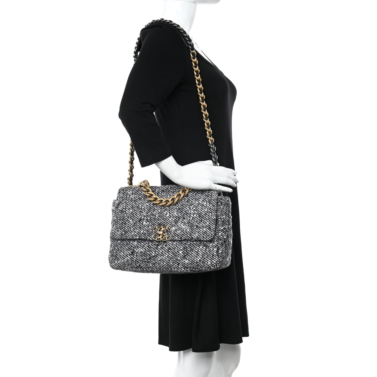 Tweed Quilted Large Chanel 19 Flap Black White