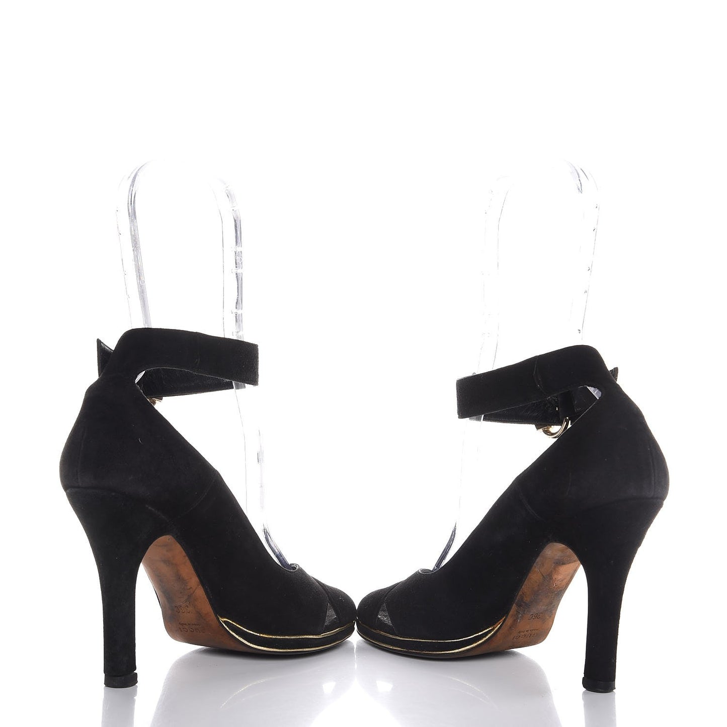 Suede Ankle Strap Peep Toe Pumps 36 Nero Black Gold