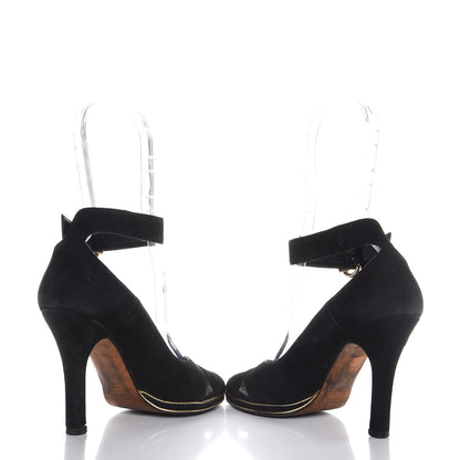 Gucci Suede Ankle Strap Peep Toe Pumps 36 Nero Black Gold 6 of 10
