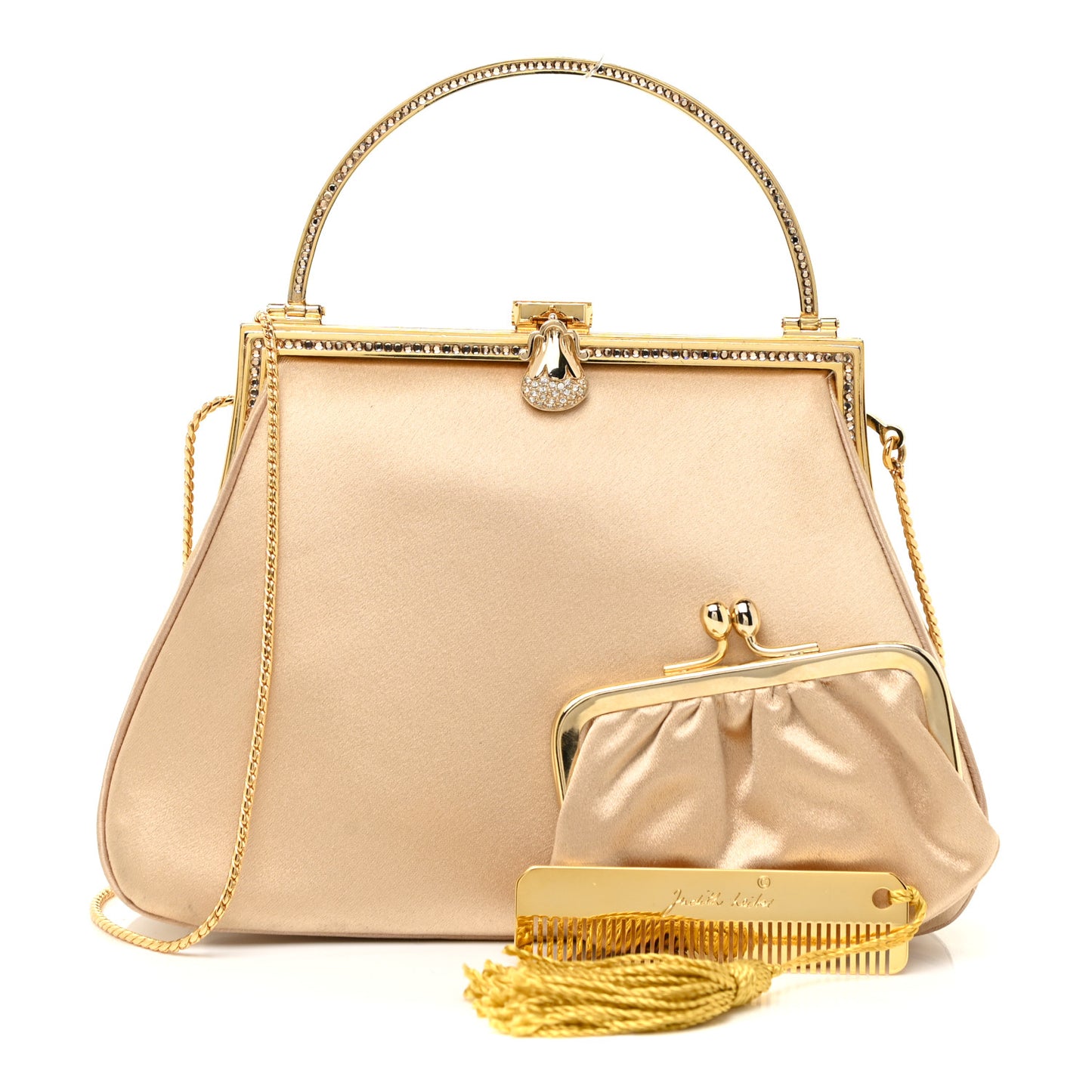 Crystal Trim Satin Evening Bag Clutch Beige
