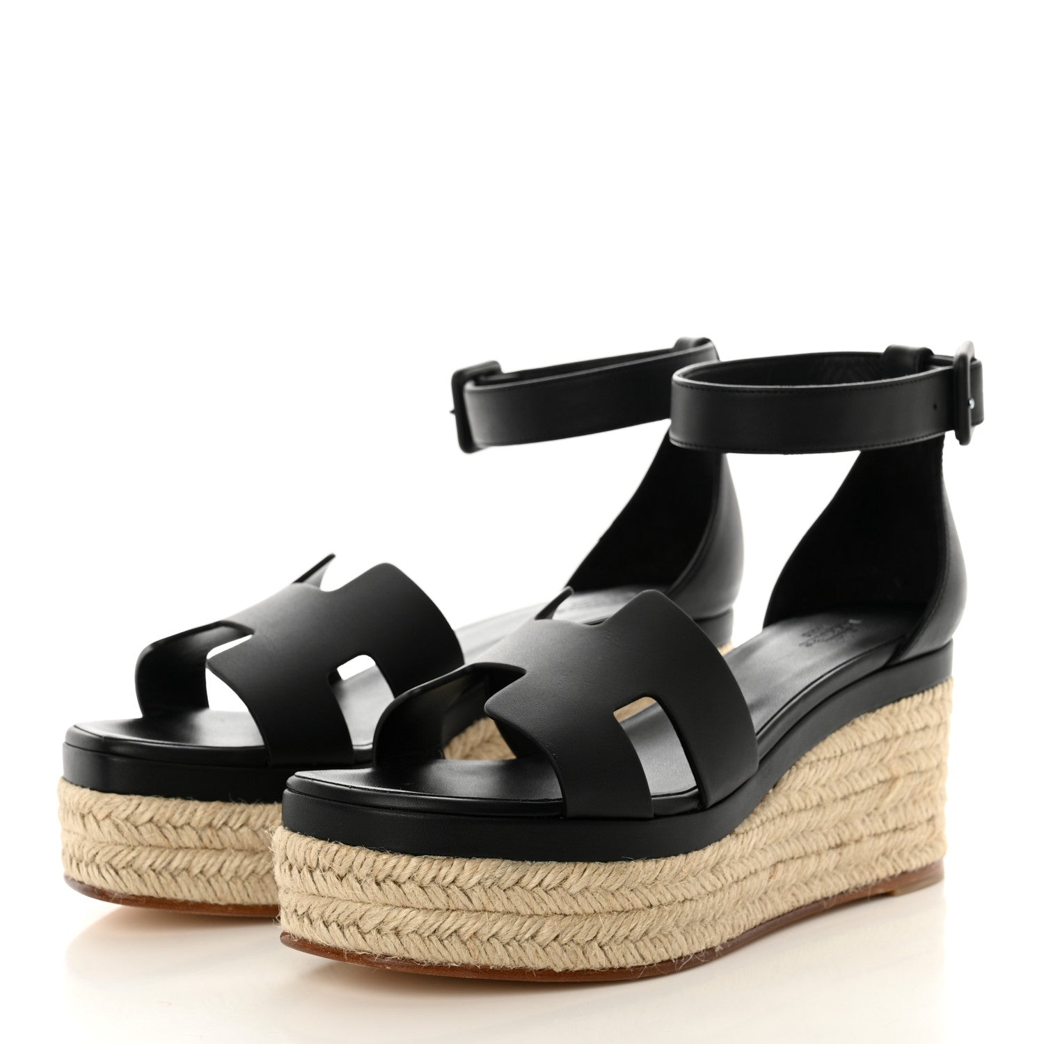 Hermes Goatskin Elda Espadrille Wedge Sandals 38 Black 3 of 9
