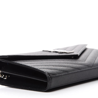 Saint Laurent Grain De Poudre Matelasse Chevron Monogram Chain Wallet Black 6 of 10