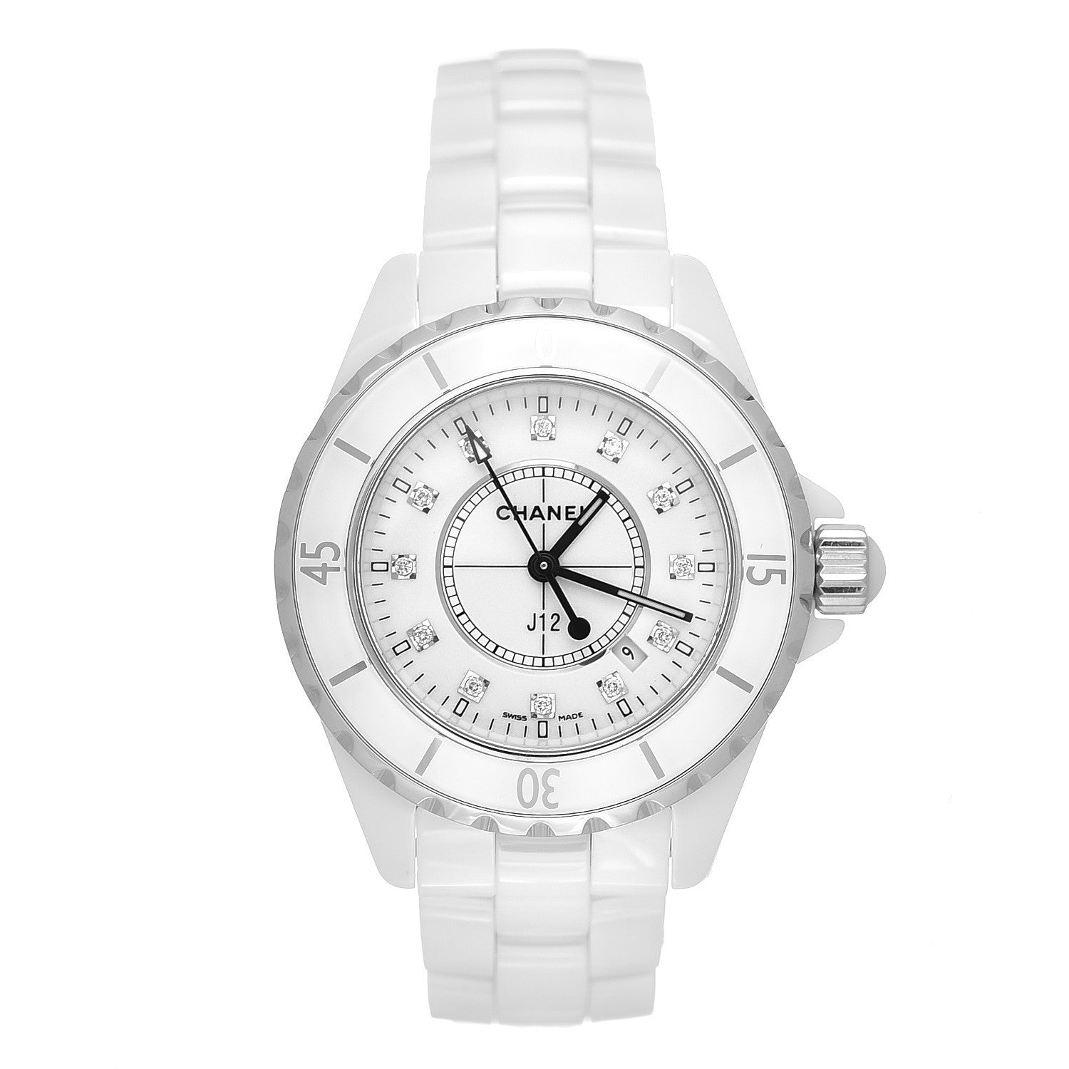 Chanel Stainless Steel Ceramic Diamond 33mm J12 Quartz Watch White 1 of 12