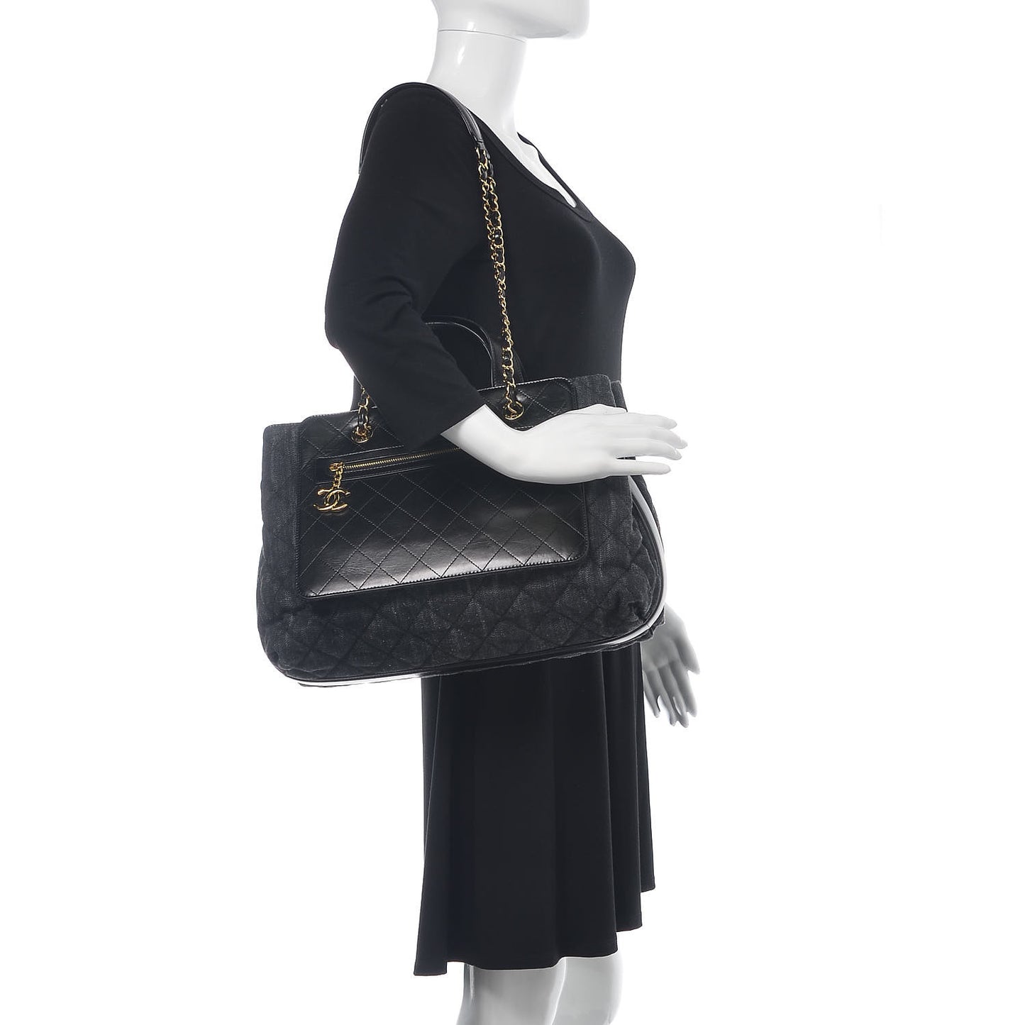 Denim Calfskin Quilted Tote Black