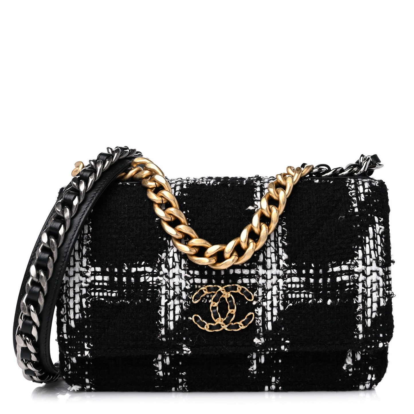 Tweed Quilted Chanel 19 Wallet On Chain WOC Black White
